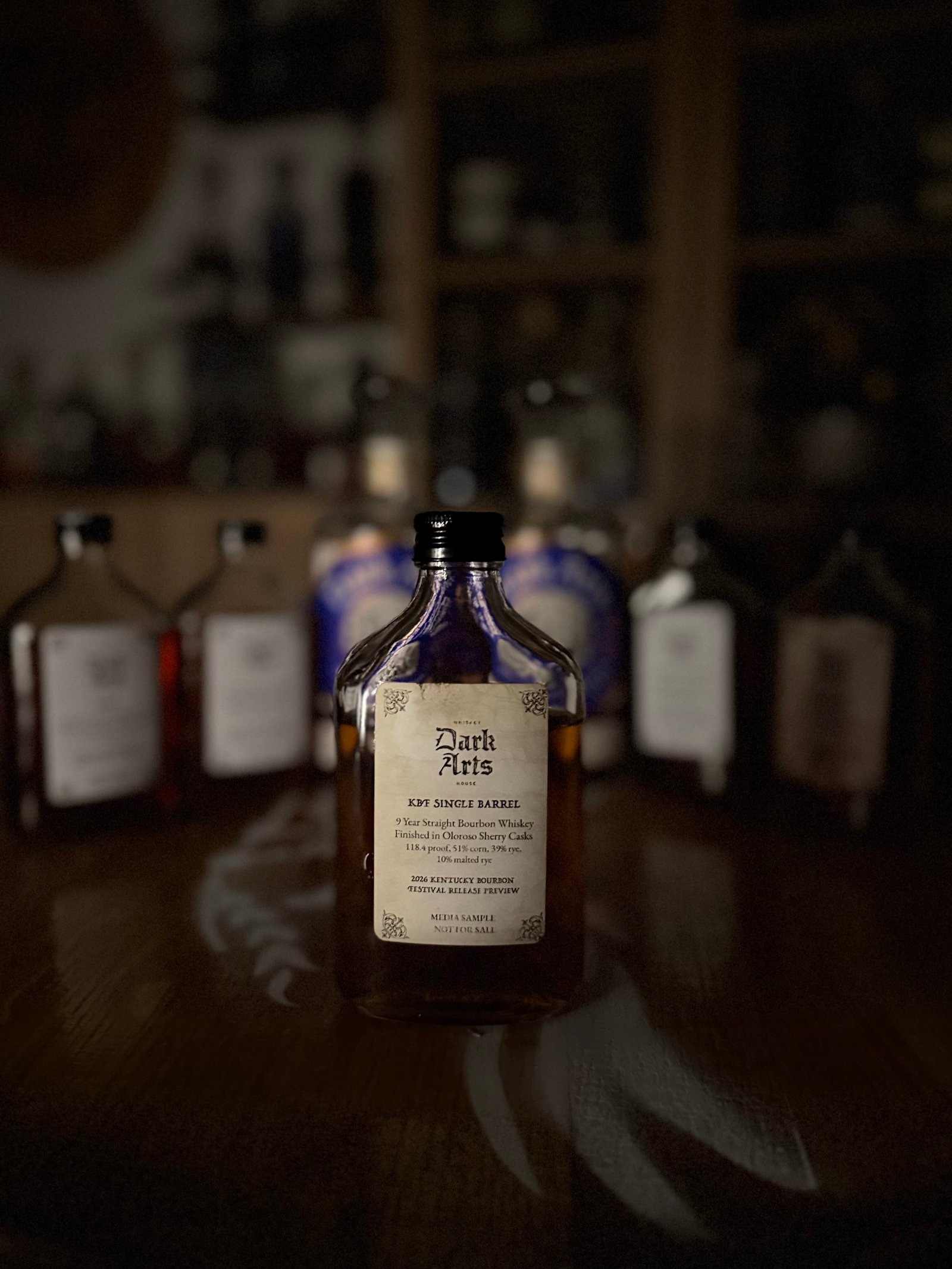 Dark Arts KBF Special Release: 9 Year Kentucky Bourbon Single Barrel finished in Oloroso Sherry barrels in front of other 5 releases & past finished bottles