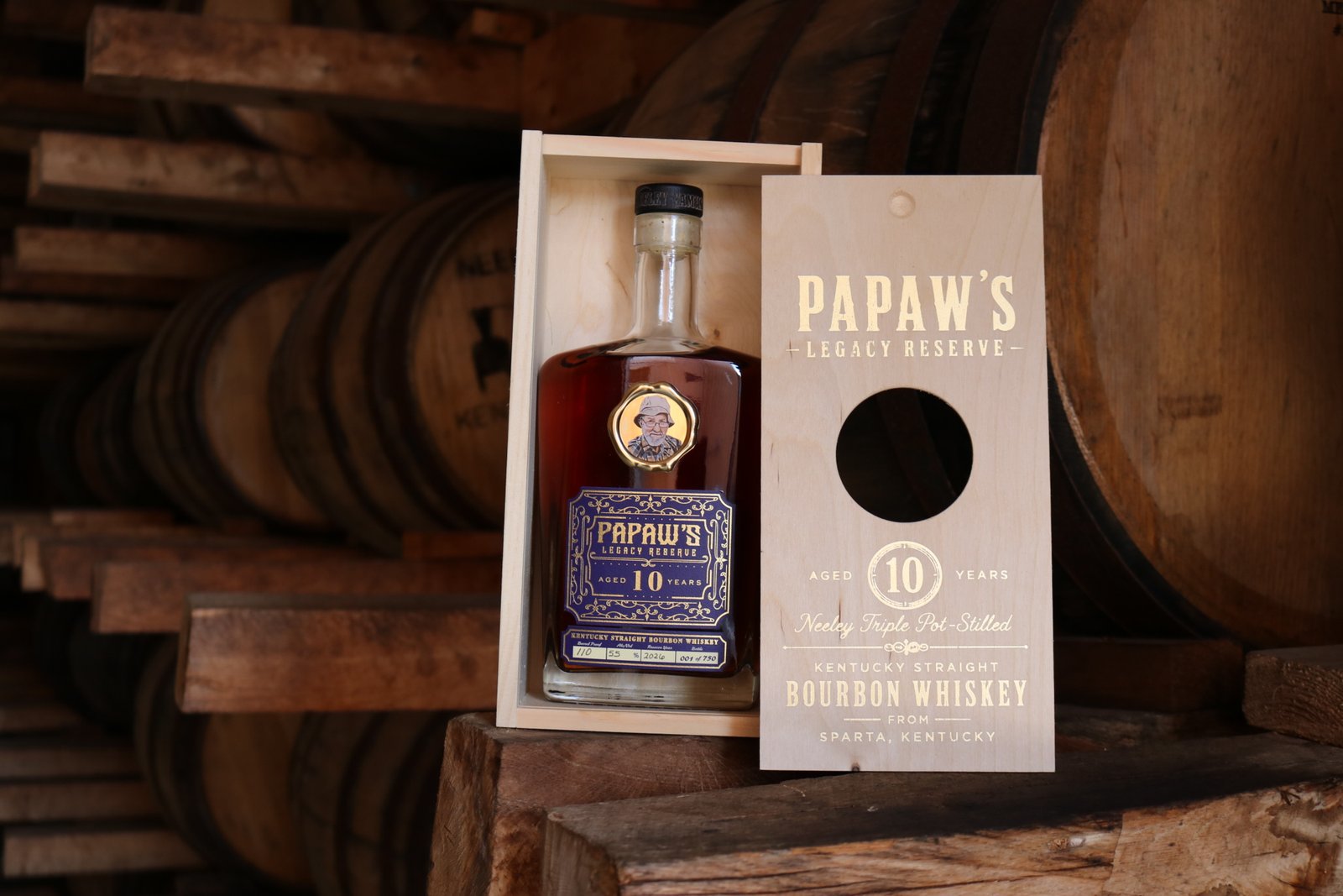 PaPaw's Legacy Reserve 10-Year Triple Pot Distilled inside case