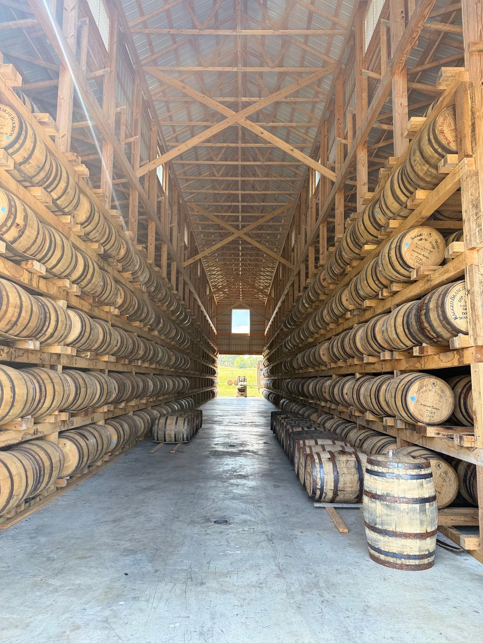 One of Ragged Branch's new rickhouse with most of the barrels from their old aging warehouse already sitting high in the towering space.