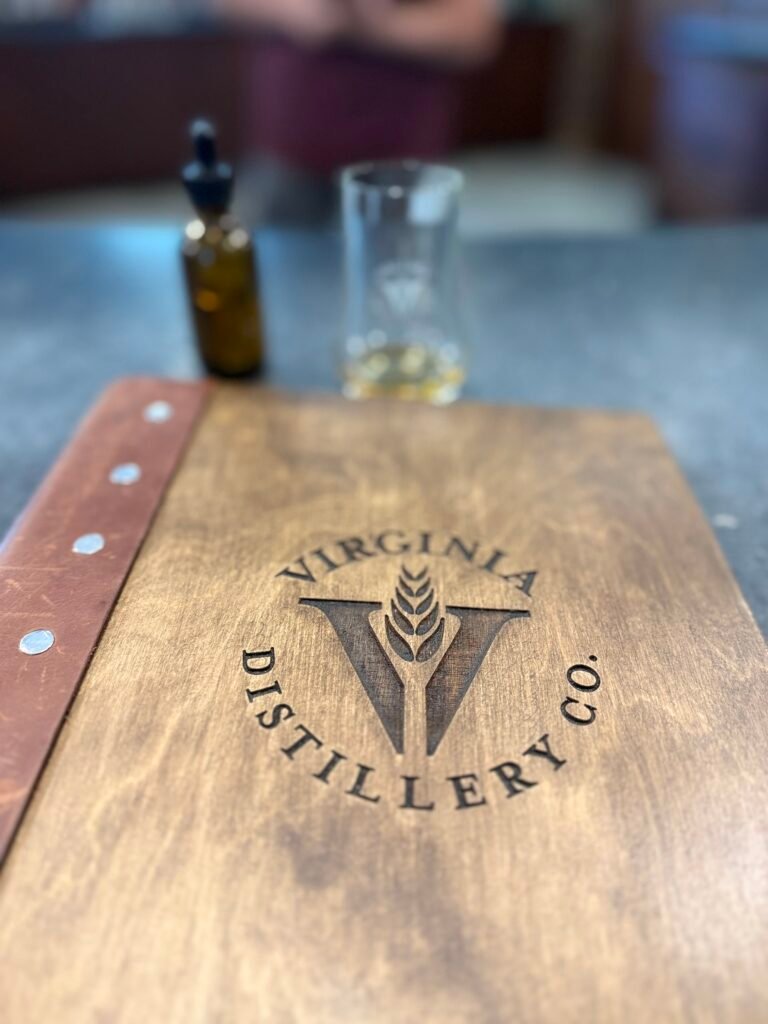 VDC's tasting bar menu with blurred tasting glass and water dropper