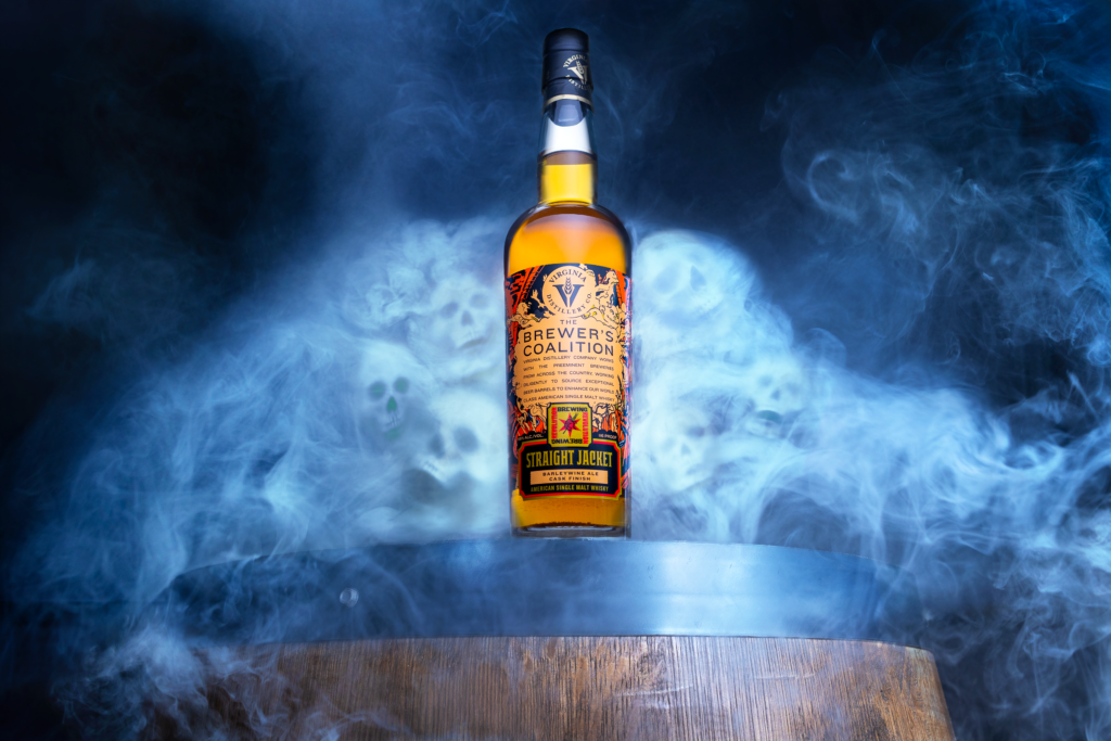 Virginia Distillery Co's newest Brewer's Coalition American single malt collaboration finished with Revolution Brewing's Straight Jacket barley-wine sitting amidst the smoke