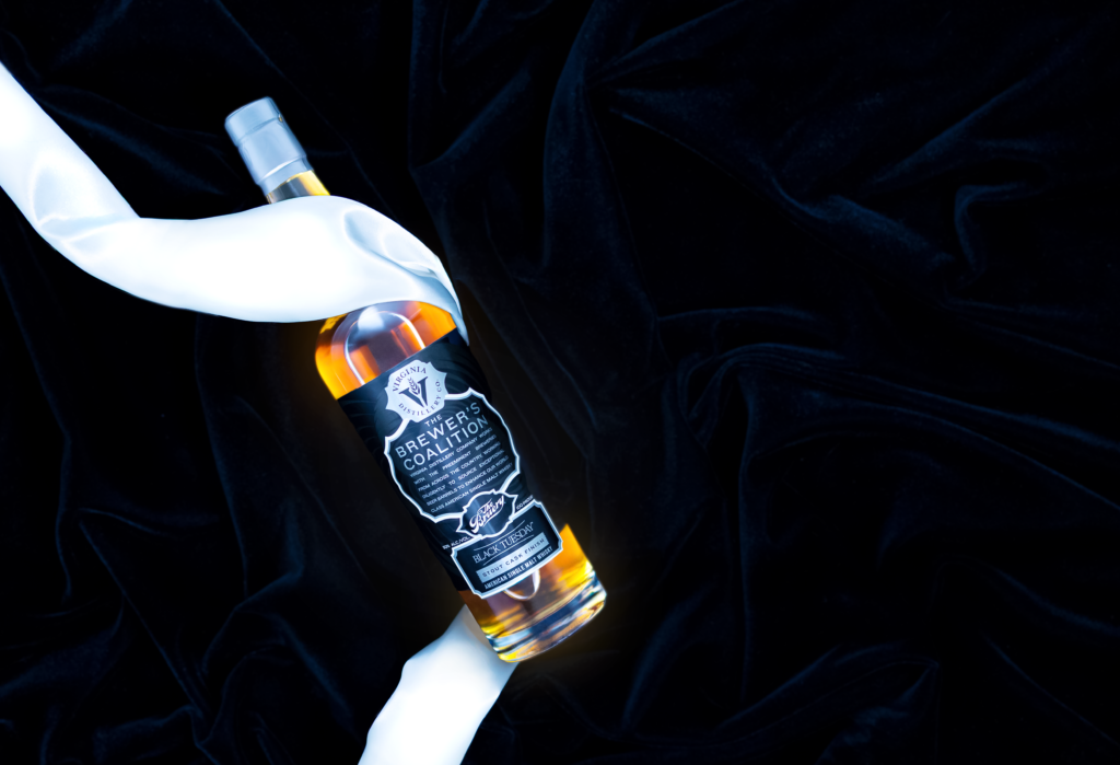 Virginia Distillery Co's newest Brewer's Coalition American single malt collaboration finished with The Bruery's Black Tuesday stout wrapped in a white ribbon of silk