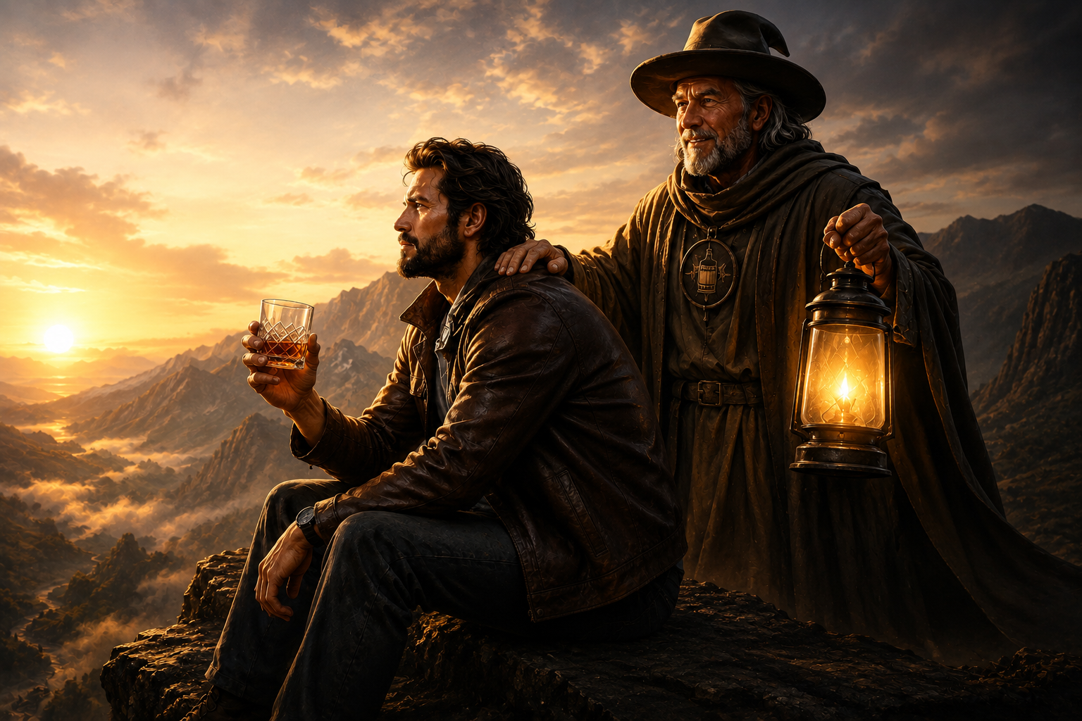 A man sits on top of a mountain holding a whiskey glass with the sun setting in the distance. Behind him is a bearded wise looking old man, holding a lantern up