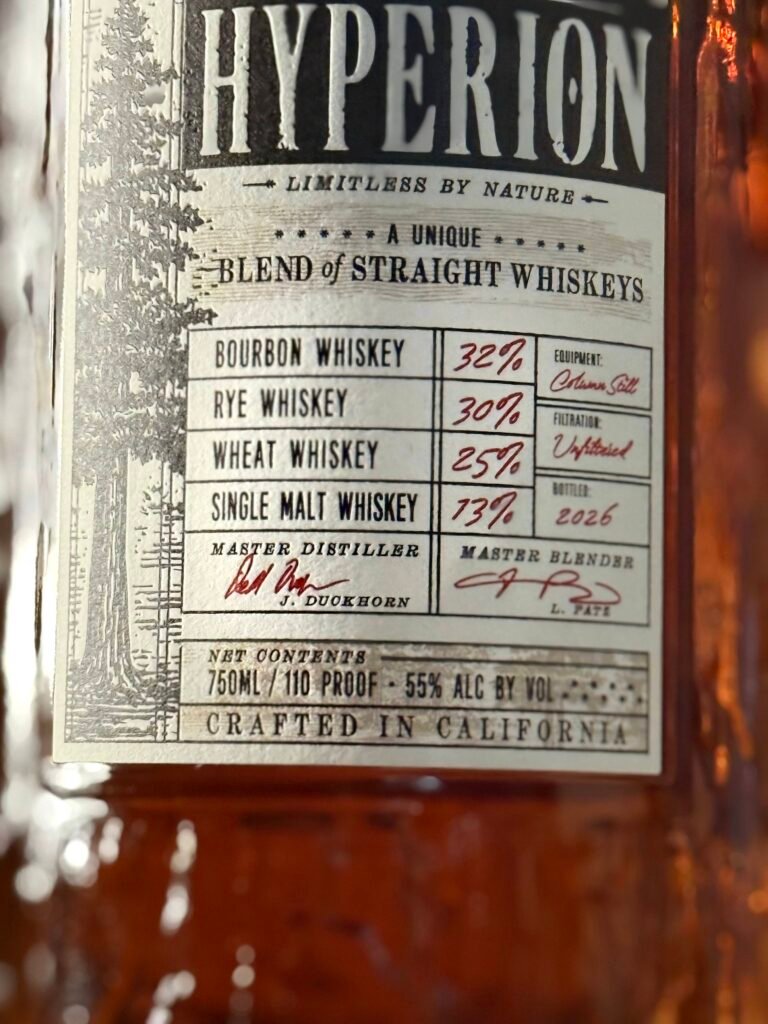 Close-up of the blend percentages on the bottom front label of Redwood Empire The Hyperion whiskey