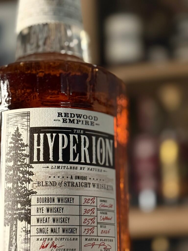 Redwood Empire The Hyperion whiskey offset to left, catching top label "Hyperion".