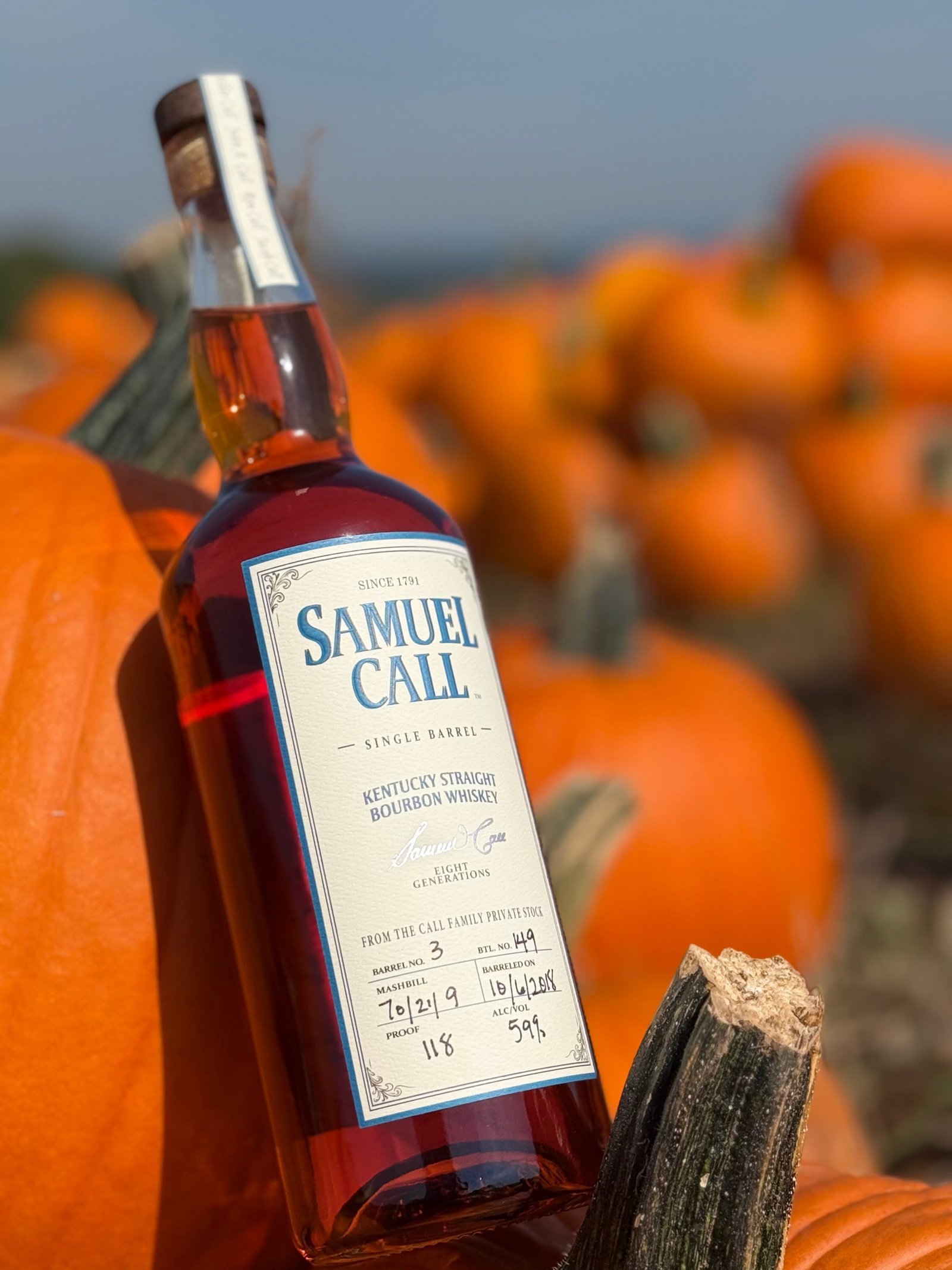Samuel Call Barrel 3 leans to left with blurred pumpkins behind it