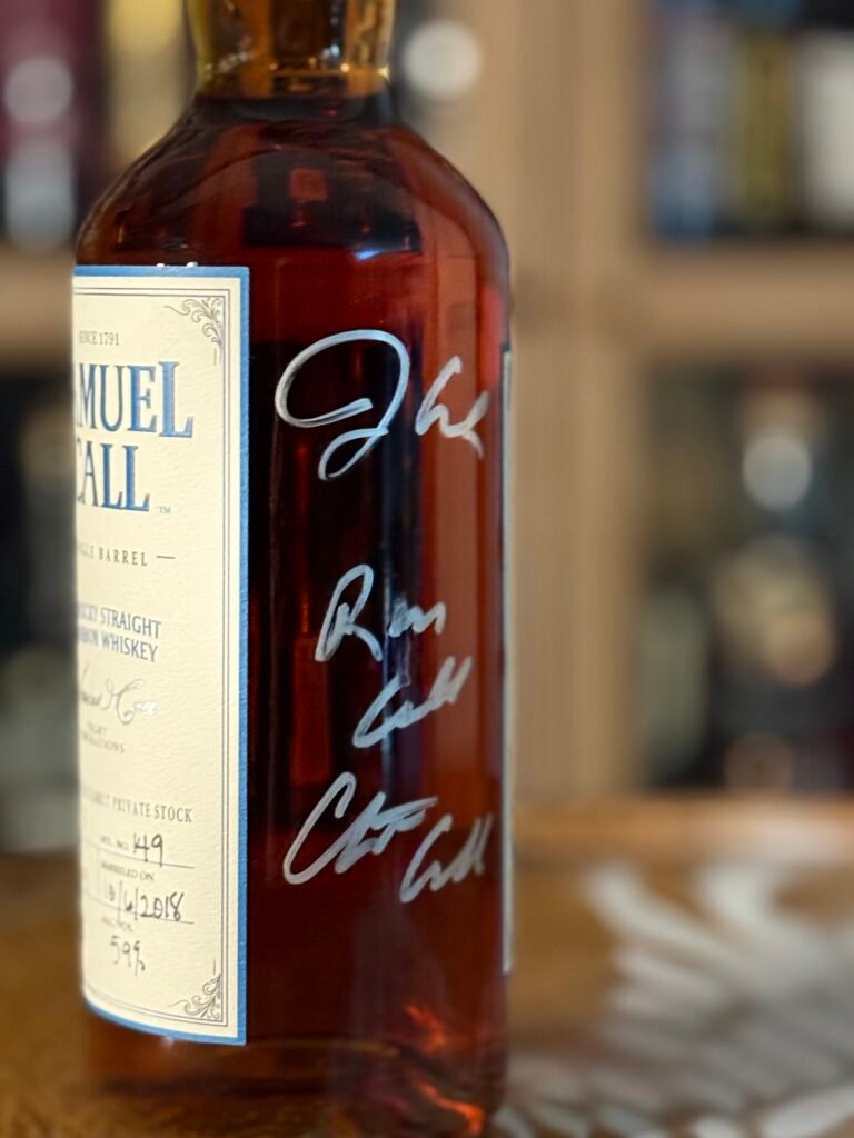 Signatures on side of Samuel Call Barrel 3 from Kentucky Bourbon Festival