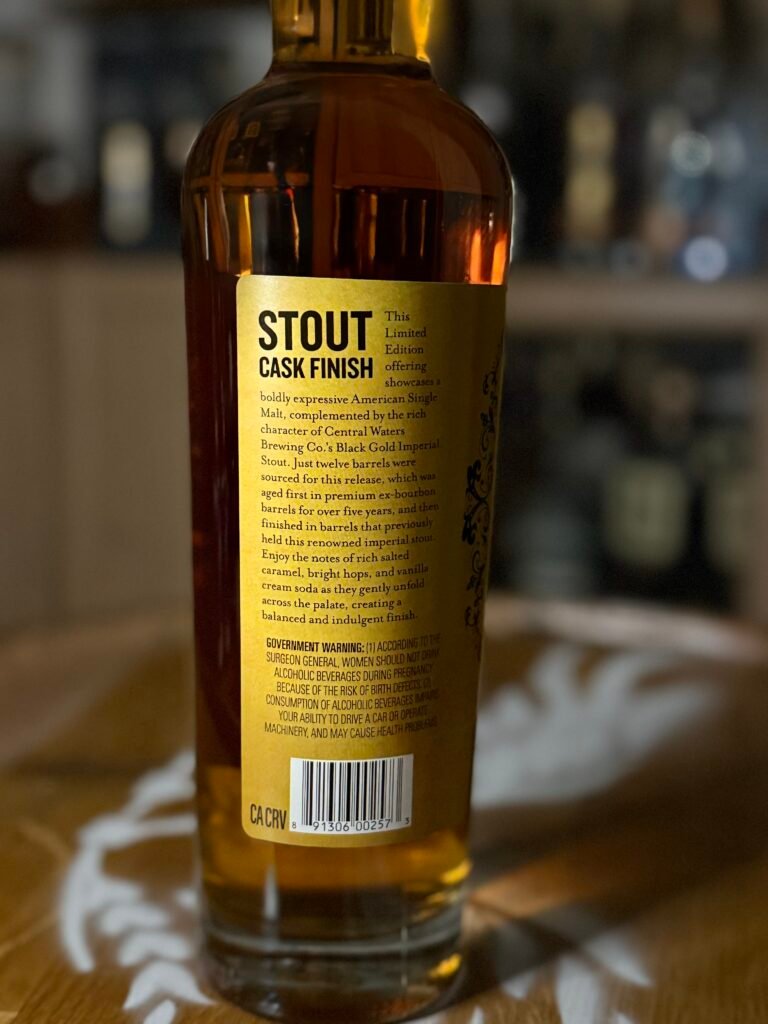 Back label of Virgina Distilling Co's Brewer Coalition "Black Gold" stout finished American single malt