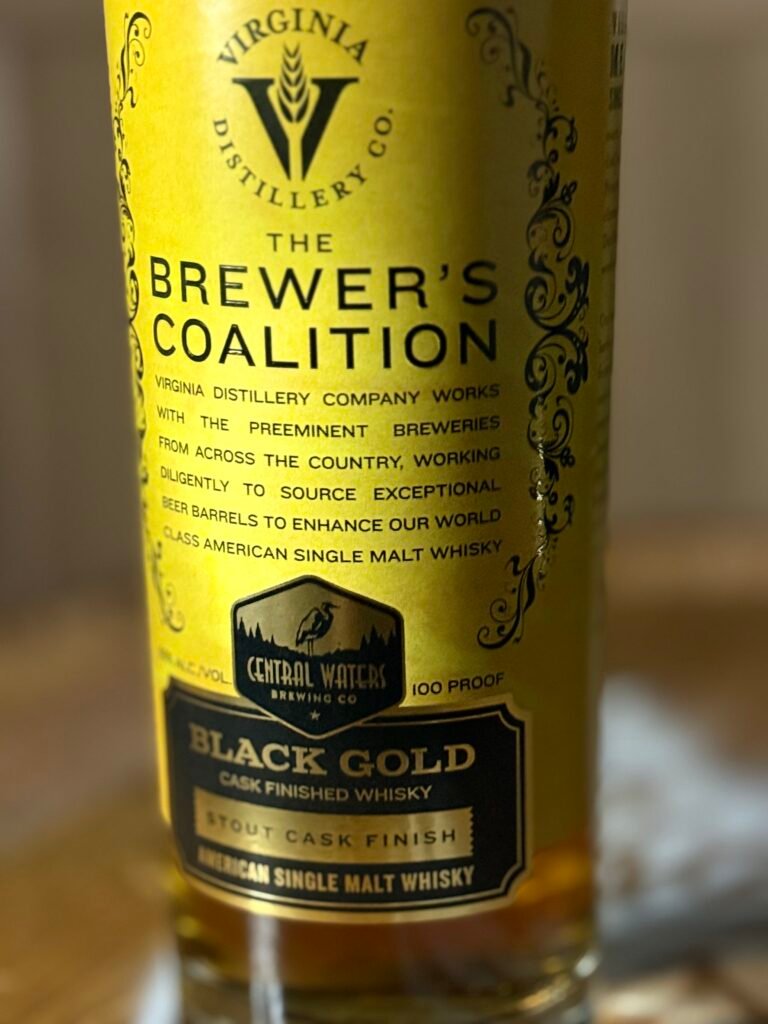 Close-up of Virgina Distilling Co's Brewer Coalition "Black Gold" stout finished American single malt