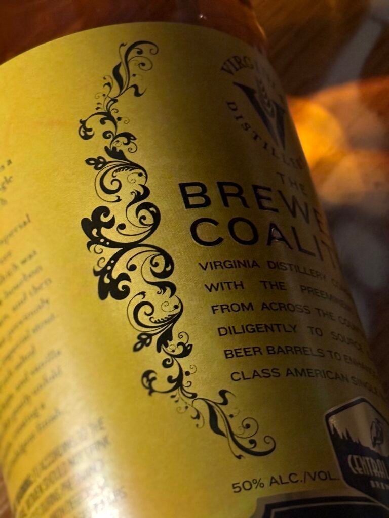Close-up of Virgina Distilling Co's Brewer Coalition Central Water's "Black Gold" stout finished American single malt