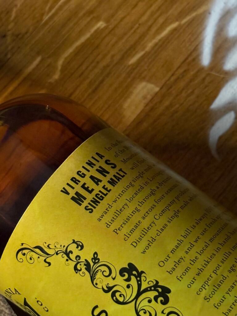 Close-up of "Virginia means single malt on Virgina Distilling Co's "Straightjacket" barleywine finished American single malt