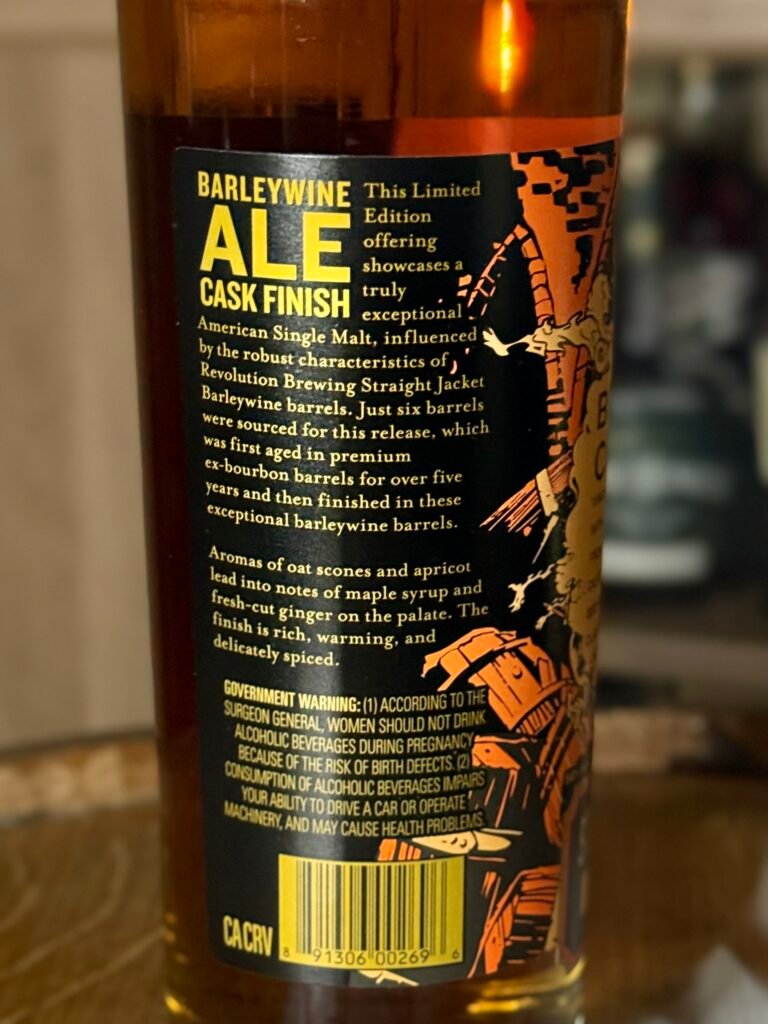 Back label of Virgina Distilling Co's "Straightjacket" barleywine finished American single malt