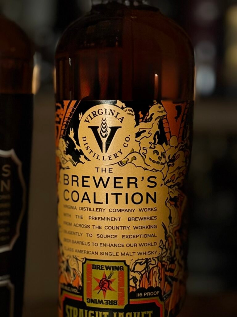Virgina Distilling Co's "Straightjacket" barleywine finished American single malt close-up of top label