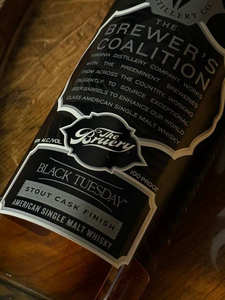 Angled close-up of Virgina Distilling Co's "Black Tuesday" stout finished American single malt