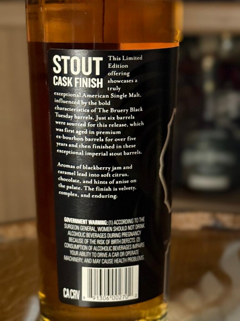 Back label of Virgina Distilling Co's "Black Tuesday" stout finished American single malt
