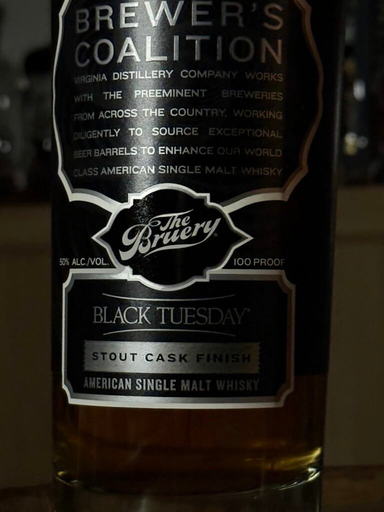 Close-up of bottom label of Virgina Distilling Co's "Black Tuesday" stout finished American single malt